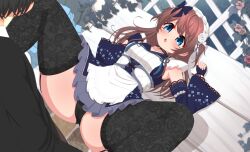 Rule 34 | 1boy, 1girl, absurdres, black choker, black panties, black thighhighs, blue bow, blue eyes, blue gloves, blue sleeves, blush, bow, breasts, brown hair, choker, detached sleeves, dress, feet out of frame, fingerless gloves, fishnet thighhighs, fishnets, flower, frilled dress, frills, fujigaya arctia, gloves, hair bow, hair flower, hair ornament, hetero, highres, lace thighhighs, long hair, looking at another, lying, mahjong soul, maid, maid headdress, on back, open mouth, panties, pink flower, pink rose, plant, rose, shinomiya fuyumi, short dress, sleeveless, sleeveless dress, small breasts, solo focus, spread legs, textless version, thighhighs, underwear, variant set, vines, white flower, white rose