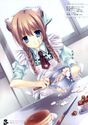 Rule 34 | 00s, 1girl, absurdres, android, android cooker, apron, aquarian age, blue eyes, braid, brown hair, cooking, crown, dutch angle, flower, food, food on face, highres, long hair, scan, solo, tatekawa mako, twin braids, wnb mark