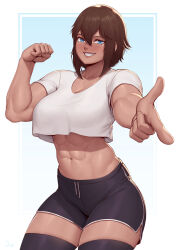Rule 34 | 1girl, abs, absurdres, biceps, black shorts, black thighhighs, blue eyes, blush, breasts, brown hair, clenched hand, commentary, commission, crop top, crop top overhang, dark-skinned female, dark skin, drawstring, english commentary, foreshortening, grin, hair between eyes, hand up, highres, large breasts, midriff, muscular, muscular female, navel, original, outstretched arm, pixiv commission, pointing, pointing at viewer, short hair, short sleeves, shorts, signature, smile, solo, speedl00ver, thick thighs, thighhighs, thighs