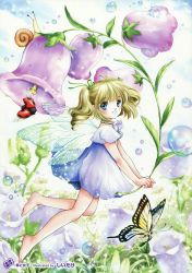 Rule 34 | 1girl, absurdres, barefoot, blonde hair, blue eyes, bug, butterfly, dew drop, dress, fairy, flower, highres, insect, legs, long hair, mini person, minigirl, original, shiitake (gensoudou), smile, snail, solo, twintails, water drop