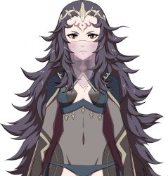 Rule 34 | 1girl, brown eyes, covered navel, facial mark, fire emblem, fire emblem fates, forehead mark, long hair, messy hair, nintendo, nyx (fire emblem), official art, simple background, solo, tiara, upper body, veil