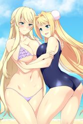 Rule 34 | 2girls, ass, beach, bikini, blonde hair, blue eyes, blue sky, blush, braid, grabbing another&#039;s breast, breasts, bun cover, cleavage, closed mouth, cloud, commission, french braid, grabbing, highres, iris von austria, large breasts, lindaroze, long hair, mashou no nie, mireille von austria, multiple girls, ocean, one-piece swimsuit, open mouth, purple bikini, sand, siblings, sisters, sky, smile, swimsuit, very long hair