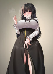 Rule 34 | 1girl, absurdres, bang dream!, black hair, black panties, black ribbon, black skirt, blunt bangs, blush, breasts, buttons, cameltoe, chestnut mouth, clenched hand, commentary request, cowboy shot, drooling, fingernails, frilled shirt, frilled shirt collar, frilled sleeves, frills, from below, gradient background, grey background, half-closed eyes, hand up, heavy breathing, high-waist skirt, highres, korean commentary, large breasts, long hair, long sleeves, looking at viewer, looking down, mixed-language commentary, neck ribbon, panties, parted lips, partially unbuttoned, ptal, purple eyes, raised eyebrows, ribbon, saliva, shirokane rinko, shirt, skirt, solo, standing, steaming body, sweat, underwear, white shirt