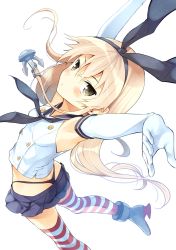 Rule 34 | 10s, 1girl, armpits, arms up, ass, blonde hair, elbow gloves, from above, gloves, green eyes, kantai collection, komi zumiko, long hair, shimakaze (kancolle), simple background, skirt, solo, striped clothes, striped thighhighs, thighhighs, thong, white background