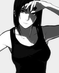 Rule 34 | 1girl, absurdres, black hair, collarbone, fingernails, grey background, greyscale, highres, lips, looking at viewer, mole, mole under eye, monochrome, original, poaro, shading eyes, simple background, solo, tank top, upper body