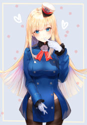 Rule 34 | 1girl, absurdres, aged up, alternate breast size, black pantyhose, blonde hair, blue eyes, blue jacket, blush, breasts, commentary request, fate/grand order, fate (series), finger to mouth, flower, gloves, hat, head tilt, highres, jacket, kian, long hair, long sleeves, looking at viewer, lord el-melloi ii case files, medium breasts, no pants, pantyhose, reines el-melloi archisorte, simple background, smile, solo, thighs, white gloves
