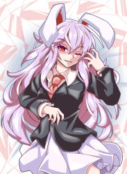 Rule 34 | 1girl, abstract background, animal ears, black jacket, blazer, breasts, collared shirt, commentary request, cowboy shot, dress shirt, hair between eyes, hand up, jacket, kakineko, light smile, long hair, looking at viewer, medium breasts, necktie, one eye closed, parted lips, pink skirt, pleated skirt, purple hair, rabbit ears, red eyes, red necktie, reisen udongein inaba, shirt, skirt, solo, touhou, very long hair, white shirt