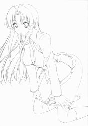 Rule 34 | 00s, 1girl, breasts, covered erect nipples, greyscale, highres, kawashima ami, kneeling, large breasts, monochrome, mouth hold, open clothes, open shirt, panties, panty pull, shirt, sketch, socks, solo, toradora!, underwear