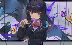 Rule 34 | 1000-nen ikiteru (vocaloid), absurdres, alternate eye color, animal in mouth, black hair, black jacket, blazer, blunt bangs, bow, bowtie, bug, butterfly, chinese commentary, collared shirt, commentary request, eating, expressionless, hair ornament, hairclip, hand up, highres, hime cut, insect, jacket, long hair, long sleeves, looking at viewer, monitor, nijisanji, purple eyes, red bow, red bowtie, school uniform, shirt, straight-on, through medium, through screen, tsukino mito, tsukino mito (1st costume), upper body, very long hair, virtual youtuber, white shirt, xi wu