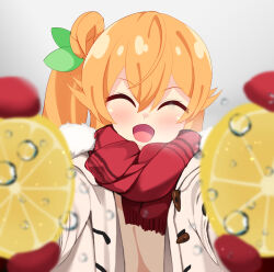 Rule 34 | 1girl, :d, ^ ^, blurry, blush, breath, closed eyes, coat, commentary request, depth of field, food, fruit, gloves, grey background, hair bun, hair ornament, happy, highres, hinatsuki mikan, holding, holding food, holding fruit, leaf hair ornament, lemon, lemon slice, long hair, machikado mazoku, marsh753315, meme, open mouth, orange hair, pov, pov cheek warming (meme), red gloves, red scarf, scarf, side ponytail, simple background, single side bun, smile, solo, upper body, water drop, white coat