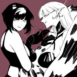 Rule 34 | 2girls, alternate costume, alternate form, black hair, bob cut, breasts, cigarette, cigarette holder, double (skullgirls), ear piercing, elf, eliza (skullgirls), feather boa, gloves, highres, large breasts, looking at viewer, monochrome, multiple girls, open mouth, parted lips, piercing, pointy ears, red background, short hair, skullgirls, smile, smoke, ungly, upper body