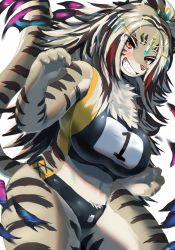 Rule 34 | 1girl, animal nose, black hair, brown hair, furry, furry female, grin, highres, multicolored hair, nukochi, red eyes, smile, solo, sports bra, swimsuit, tokyo houkago summoners, two-tone sports bra