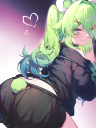 Rule 34 | 1girl, animal ears, black shirt, black skirt, blue eyes, character request, closed mouth, commentary request, copyright request, from behind, gradient background, green hair, heart, heart-shaped pupils, highres, kupa (jesterwii), long hair, long sleeves, looking at viewer, looking back, purple background, shirt, skirt, smile, symbol-shaped pupils, tail, virtual youtuber