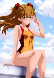 Rule 34 | 1girl, bare arms, bare legs, bare shoulders, blue eyes, blush, breasts, collarbone, hair between eyes, hair ornament, highres, long hair, looking at viewer, neon genesis evangelion, one-piece swimsuit, orange hair, shiny skin, shugo19, sitting, small breasts, smile, solo, souryuu asuka langley, swimsuit, twintails