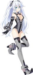 Rule 34 | 10s, 1girl, alternate costume, aqua eyes, bare shoulders, black heart (neptunia), boots, bracer, breasts, cleavage, cleavage cutout, clothing cutout, detached sleeves, elbow gloves, female focus, from side, full body, gloves, green eyes, grey thighhighs, hair between eyes, hair ornament, halterneck, high heel boots, high heels, highres, kami jigen game neptune v, leotard, light smile, long hair, looking at viewer, medium breasts, neptune (series), noire (neptunia), official art, parted bangs, sidelocks, smile, solo, standing, standing on one leg, symbol-shaped pupils, thigh boots, thighhighs, transparent background, tsunako, turtleneck, twintails, very long hair, white hair