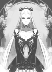 Rule 34 | bare shoulders, black dress, breasts, cleavage, cm lynarc, dress, earrings, eir (fire emblem), fire emblem, fire emblem heroes, greyscale, high ponytail, jewelry, large breasts, looking at viewer, monochrome, nintendo, solo