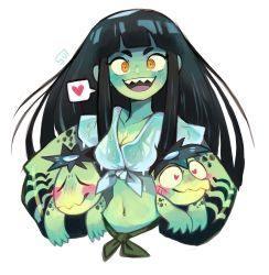 Rule 34 | 1girl, 2boys, :d, black hair, blush, borrowed character, breasts, carrying, carrying under arm, cleavage, colored skin, green skin, heart, heart-shaped pupils, highres, kappa, kawakichi (rariatto), long hair, looking at viewer, medium breasts, midriff, monster girl, multiple boys, navel, neneko (rariatto), open mouth, orange eyes, original, sanataro (rariatto), sharp teeth, shirt, simple background, smile, spoken heart, sui (suizilla), symbol-shaped pupils, teeth, tied shirt, upper teeth only, wet, wet clothes, wet shirt, white background, yellow eyes