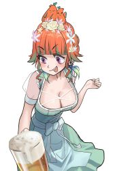 Rule 34 | 1girl, alcohol, beer, breasts, cleavage, dress, earrings, feather earrings, feathers, flower, green hair, hair flower, hair ornament, highres, hololive, hololive english, jewelry, large breasts, multicolored hair, official alternate costume, orange hair, pink eyes, short hair, simple background, solo, standing, takanashi kiara, virtual youtuber, white background, zedd (zedgawr)