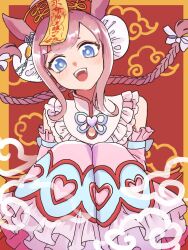Rule 34 | 1girl, :d, agnes digital (lovely jiangshi) (umamusume), agnes digital (umamusume), animal ears, bare shoulders, blue eyes, braid, commentary request, double bun, dress, frilled dress, frills, hair bun, highres, horse ears, horse girl, long hair, official alternate costume, official alternate hairstyle, ofuda, open mouth, panipuri, pink dress, pink hair, red background, simple background, sleeveless, sleeveless dress, sleeves past fingers, sleeves past wrists, smile, solo, teeth, twin braids, umamusume, upper body, upper teeth only, very long hair