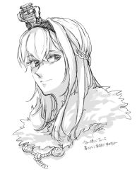 Rule 34 | 1girl, braid, closed mouth, cropped shoulders, cross, crown, eyelashes, fur (clothing), fur trim, greyscale, hair between eyes, hairband, half up braid, kantai collection, lanyard, long hair, looking at viewer, mini crown, monochrome, portrait, sideways glance, signature, simple background, sketch, smile, solo, warspite (kancolle), white background, yamada rei (rou)