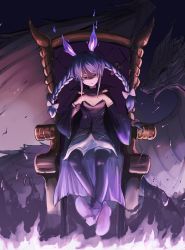 Rule 34 | 1girl, absurdres, adapted costume, alternate costume, animal ears, bad end, black gloves, black thighhighs, boots, braid, breasts, cape, dark persona, dragon, dragon wings, ender dragon, fire, glaring, gloves, hand up, highres, hitodama, hololive, looking at viewer, minecraft, poplv98, purple eyes, purple hair, queen, rabbit ears, rabbit girl, sidelocks, sitting, small breasts, solo, thighhighs, throne, twin braids, twintails, usada pekora, virtual youtuber, wings