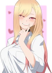 Rule 34 | 1girl, absurdres, asymmetrical bangs, black choker, blonde hair, blurry, blurry background, blush, breast pocket, breasts, choker, colored tips, finger to mouth, highres, kitagawa marin, large breasts, long hair, looking at viewer, mochi (mochiokomet), multicolored hair, parted lips, pink hair, pocket, red eyes, shirt, sleeves rolled up, smile, solo, sono bisque doll wa koi wo suru, squinting, two-tone hair, upper body, white shirt
