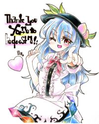 Rule 34 | 1girl, :3, blue hair, colored pencil (medium), dress, english text, engrish text, eyelashes, food, fruit, goku (acoloredpencil), gokuu (acoloredpencil), hat, heart, highres, hinanawi tenshi, looking at viewer, one eye closed, open mouth, peach, pointing, ranguage, red eyes, simple background, solo, touhou, traditional media, white background, wink