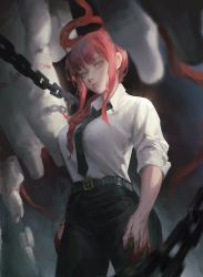 Rule 34 | 1girl, 5others, astronaut, belt, black necktie, blood, blood halo, blood on hands, blunt bangs, blurry, blurry foreground, braid, chain, chainsaw man, closed mouth, dark halo, enn matien, halo, highres, liquid halo, long hair, looking at viewer, makima (chainsaw man), multiple others, necktie, painterly, pink lips, red hair, red halo, shirt tucked in, smile, solo focus, yellow eyes