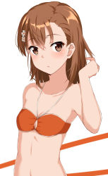 Rule 34 | 1girl, absurdres, arm behind back, arm up, armpits, bare arms, bare shoulders, bikini, blush, breasts, brown eyes, brown hair, closed eyes, closed mouth, collarbone, commentary request, flower, hair flower, hair ornament, highres, kohakope, looking at viewer, medium hair, misaka mikoto, orange bikini, simple background, small breasts, solo, swimsuit, toaru kagaku no railgun, toaru majutsu no index, two-tone background, upper body, white background