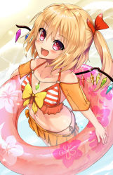 Rule 34 | 1girl, :d, alternate costume, bare shoulders, bikini, bikini skirt, blonde hair, blush, bow, breasts, chiroshiron, collarbone, detached sleeves, flandre scarlet, flip-flops, floral print, frilled bikini, frills, from above, hair between eyes, hair bow, halterneck, highres, innertube, jewelry, looking at viewer, midriff, miniskirt, navel, no headwear, open mouth, orange skirt, pendant, pleated skirt, red eyes, red ribbon, ribbon, sandals, side-tie bikini bottom, side ponytail, skirt, small breasts, smile, solo, striped bikini, striped clothes, swim ring, swimsuit, touhou, vampire, wings