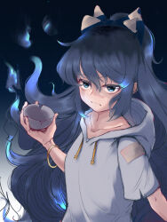 Rule 34 | 1girl, blue eyes, blue hair, bow, bowl, breasts, closed mouth, commentary request, frown, grey hoodie, hair between eyes, hair bow, highres, hitodama, holding, holding bowl, hood, hood down, hoodie, long hair, looking at viewer, short sleeves, small breasts, solo, takeguchi kouhei, touhou, upper body, yorigami shion