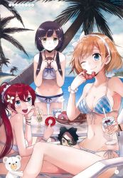 Rule 34 | 10s, 3girls, :d, ;t, absurdres, artist name, beach, bikini, blush, bow, bracelet, breasts, chair, cleavage, cloud, cloudy sky, collarbone, criss-cross halter, cup, day, doll, doughnut, drinking glass, drinking straw, eating, eyepatch, flower, food, front-tie top, groin, hair bow, hair flower, hair ornament, hair scrunchie, hairband, hairclip, halterneck, halterneck, hand on own cheek, hand on own face, highres, holding, holding food, jewelry, looking at viewer, lounge chair, low twintails, medium breasts, mimuji (shirobako), miyamori aoi, multiple girls, navel, open mouth, palm tree, plaid, plaid bikini, ponytail, roro (shirobako), sakaki shizuka, scan, scrunchie, shirobako, side-tie bikini bottom, sitting, sky, smile, strap gap, stuffed animal, stuffed toy, swimsuit, teddy bear, tokiti, tree, twintails, wrist scrunchie, x hair ornament, yasuhara ema