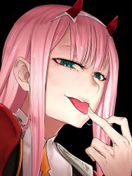 Rule 34 | 10s, 1girl, black background, darling in the franxx, eyeshadow, fingernails, green eyes, hairband, half-closed eyes, horns, i-pan, licking lips, long hair, looking at viewer, makeup, necktie, pink hair, portrait, saliva, shirt, simple background, smile, solo, tongue, tongue out, upper body, zero two (darling in the franxx)