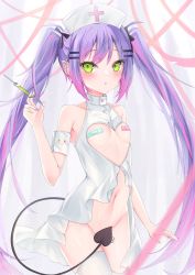Rule 34 | 1girl, armband, bandaid, blush, breasts, demon tail, dress, ear piercing, green eyes, hair ornament, hairclip, hat, highres, hololive, injection, long hair, looking at viewer, midriff, multicolored hair, navel, nurse cap, piercing, pink hair, purple hair, ririge, small breasts, solo, streaked hair, tail, thighhighs, thighs, tokoyami towa, twintails, virtual youtuber, white dress
