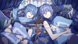 Rule 34 | 2boys, anniversary, bare shoulders, blue eyes, blue flower, blue hair, blue rose, blue shirt, blue theme, commentary, dual persona, english commentary, flag, flower, happy birthday, heart, highres, holding, holding pillow, kaito (vocaloid), kaito (vocaloid3), leaf, looking at viewer, lying, male focus, multiple boys, on back, petals, pillow, rose, scarf, shirt, short hair, short sleeves, smile, striped pillow, t-shirt, vocaloid, wings, ziling