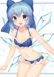 Rule 34 | 1girl, absurdres, bare arms, bare shoulders, bikini, blue bikini, blue bow, blush, bow, breasts, cirno, cleavage, collarbone, commentary request, cowboy shot, fang, frilled bikini, frills, groin, hair between eyes, hair bow, hair ornament, hairclip, highres, ice, ice wings, leaning forward, looking at viewer, navel, nenobi (nenorium), open mouth, short hair, small breasts, smile, solo, stomach, striped bikini, striped clothes, swimsuit, thighs, touhou, vertical-striped bikini, vertical-striped clothes, white background, wings
