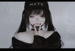 Rule 34 | 1girl, absurdres, aoi ogata, bare shoulders, baseball cap, black choker, black hair, black hat, black nails, black shirt, character name, choker, clothes writing, commentary, english commentary, english text, fingernails, glasses, grey eyes, hat, hate-chan, highres, letterboxed, long hair, long sleeves, looking at viewer, mask, mouth mask, nail polish, off-shoulder shirt, off shoulder, original, round eyewear, shirt, sidelocks, sleeves past wrists, solo, surgical mask, twintails, upper body, v