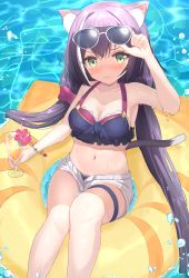 Rule 34 | 1girl, animal ear fluff, animal ears, bare arms, bare shoulders, bikini, black bikini, black hair, blush, bracelet, breasts, cat ears, cat girl, cat tail, cleavage, commentary request, eyewear on head, green eyes, highres, holding, innertube, jewelry, karyl (princess connect!), karyl (summer) (princess connect!), long hair, looking at viewer, low twintails, medium breasts, multicolored bikini, multicolored clothes, multicolored hair, open clothes, open shorts, princess connect!, red bikini, shorts, sitting, solo, streaked hair, sunglasses, swim ring, swimsuit, tail, thigh strap, twintails, very long hair, water, wet, white hair, white shorts, yuutii
