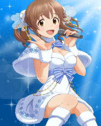 Rule 34 | 10s, 1girl, blue background, boots, bow, breasts, brown eyes, brown hair, capelet, cleavage, dress, fur, fur collar, fur trim, hair ornament, heart, idol, idolmaster, idolmaster cinderella girls, jpeg artifacts, knee boots, looking at viewer, microphone, official art, ribbon, smile, snowflakes, solo, sparkle, striped ribbon, totoki airi, twintails, white dress, winter clothes, wristband
