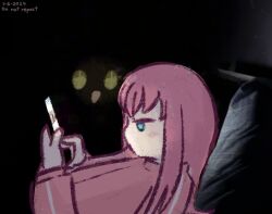 Rule 34 | 1girl, blue eyes, bocchi the rock!, bocchidaily, cellphone, dark, dated, derivative work, gotoh hitori, holding, holding phone, jitome, long hair, long sleeves, looking at phone, phone, photo background, pink hair, sidelocks, smartphone, solo, upper body