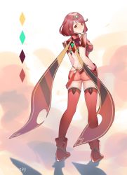 Rule 34 | 1girl, ahoge, ass, blush, boots, breasts, circlet, fingerless gloves, from behind, gloves, highres, large breasts, looking at viewer, looking back, mirin109, pyra (xenoblade), red eyes, red hair, red shorts, scarf, short hair, short shorts, shorts, sideboob, smile, solo, thighhighs, xenoblade chronicles (series), xenoblade chronicles 2