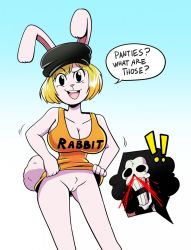 Rule 34 | 1girl, animal ears, black eyes, blonde hair, blood, bottomless, breasts, brook (one piece), buck teeth, captainanaugi, carrot (one piece), cleavage, clothes lift, furry, furry female, hat, highres, large breasts, no panties, nosebleed, one piece, open mouth, pussy, rabbit, rabbit ears, rabbit tail, raised eyebrow, red eyes, shirt, shirt lift, short hair, skeleton, smile, solo, speech bubble, standing, tail, teeth, uncensored