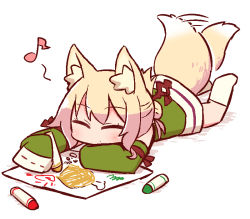 Rule 34 | 1girl, afterimage, animal ear fluff, animal ears, blonde hair, blush, chibi, closed eyes, closed mouth, crayon, detached sleeves, drawing, eighth note, facing viewer, fox ears, fox girl, fox tail, full body, green shirt, green sleeves, hair bun, hair ornament, holding, kemomimi-chan (naga u), kneehighs, leg up, long sleeves, lying, musical note, naga u, no shoes, on stomach, original, shadow, shirt, sidelocks, single hair bun, sleeveless, sleeveless shirt, sleeves past fingers, sleeves past wrists, socks, soles, solo, tail, tail raised, tail wagging, white background, white socks