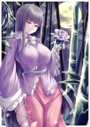 Rule 34 | 1girl, bamboo, bamboo forest, black hair, breasts, closed mouth, commentary, flower, forest, full moon, highres, hime cut, holding, holding flower, houraisan kaguya, large breasts, long hair, long sleeves, looking at viewer, mirufui, moon, nature, outdoors, purple shirt, red eyes, red skirt, shirt, skirt, smile, solo, touhou, very long hair, wide sleeves