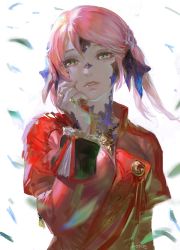 Rule 34 | 1girl, au ra, bad id, bad pixiv id, blurry, blurry foreground, cirina mol, dragon horns, facing viewer, final fantasy, final fantasy xiv, frischenq, green eyes, hand on own cheek, hand on own face, horns, jewelry, parted lips, pink hair, ring, scales, short hair, simple background, solo, swept bangs, upper body, white background, wind