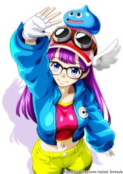 Rule 34 | 1girl, baseball cap, black-framed eyewear, blue eyes, blue jacket, closed mouth, dr. slump, fingerless gloves, glasses, gloves, goggles, goggles on headwear, hat, highres, jacket, long hair, long sleeves, looking at viewer, midriff, navel, nel-zel formula, norimaki arale, open clothes, open jacket, pink hat, purple hair, short shorts, shorts, slime (creature), smile, solo, stomach, twitter username, very long hair, watermark, web address, white gloves, yellow shorts