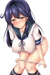 Rule 34 | 1girl, ahoge, bad id, bad pixiv id, black hair, black socks, blush, breasts, brown eyes, closed mouth, collarbone, covered erect nipples, embarrassed, eyes visible through hair, highres, kantai collection, knees together feet apart, large breasts, leaning forward, long hair, looking at viewer, nose blush, panties, panty pull, sailor collar, short sleeves, sidelocks, simple background, socks, solo, striped clothes, striped socks, terakoya, underwear, upper body, ushio (kancolle), white background, white panties