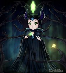 Rule 34 | 1girl, disney, eyeshadow, fairy, forest, highres, horns, kirubi san, looking at viewer, makeup, maleficent, nature, outdoors, sleeping beauty, solo, witch, aged down