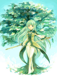 Rule 34 | 00s, 1girl, breasts, coat, green eyes, green hair, long hair, martel yggdrasill, pantyhose, shoes, staff, tales of (series), tales of symphonia, tree, very long hair, weapon