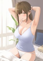 Rule 34 | 1girl, absurdres, ahoge, armpits, arms behind head, arms up, bad id, bad pixiv id, bare arms, bare shoulders, bed, blanket, blush, breasts, brown hair, camisole, cleavage, collarbone, commentary request, cowboy shot, curtains, floral print, grey camisole, hair down, hibinpo, highres, idolmaster, idolmaster shiny colors, indoors, kuwayama chiyuki, large breasts, light smile, long hair, looking at viewer, morning, on bed, panties, parted lips, pillow, plant, print panties, revision, sidelocks, sitting, skindentation, solo, tying hair, underwear, underwear only, white panties, wristband, yellow eyes